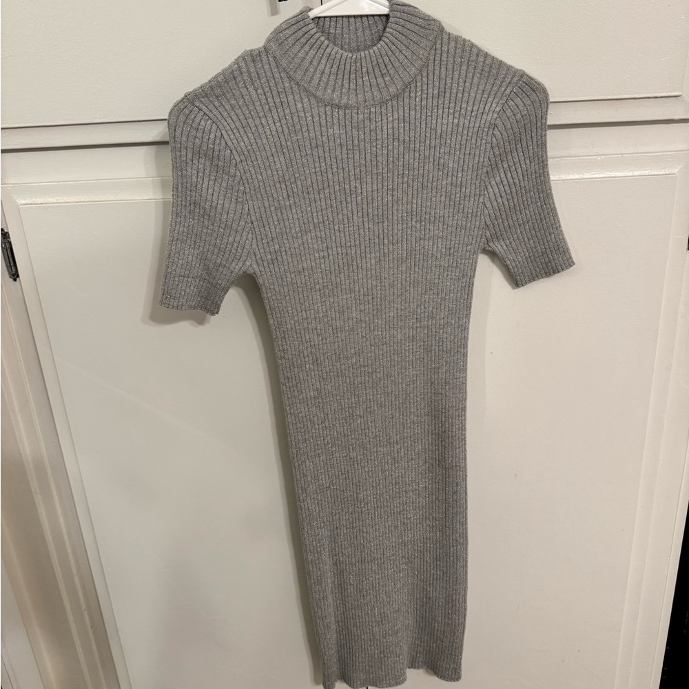 Gray Ribbed Knit Turtleneck Dress